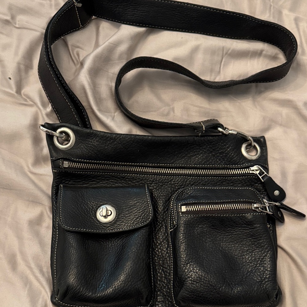 Roots Black Leather  Crossbody Bag